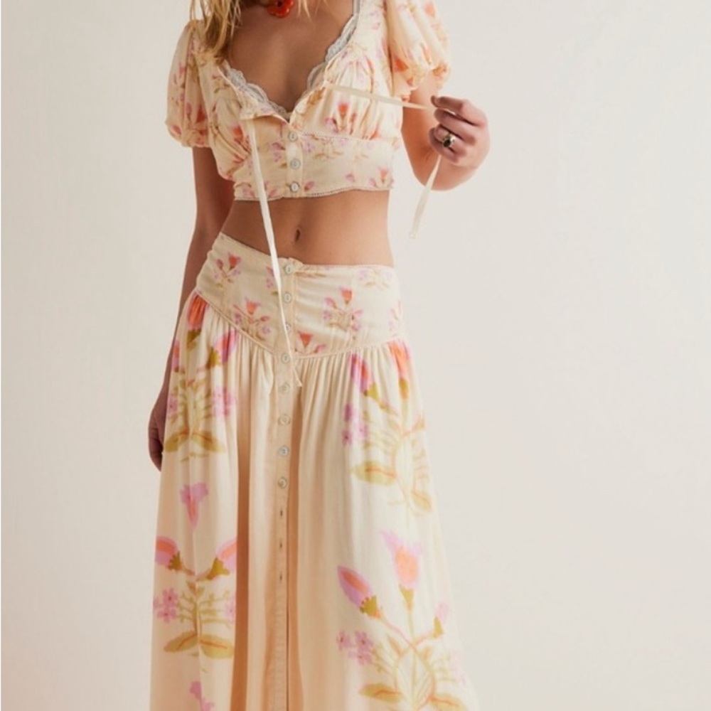Free People Cream and Pink Smocked Maxi Skirt